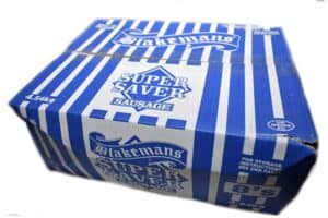 Box of 80 Super Saver Blakeman's Sausages. Weight of 4.54kg.